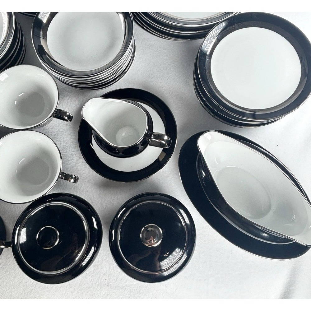 Fine China Tea Party Japan MCM Modern Black Silver White Mod Vintage SET OF 63